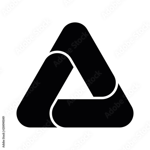 Triangle vector icon with three overlapping sides and rounded corners. Simple flat black illustration