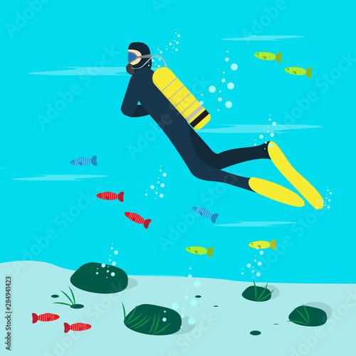 Scuba diver diving in the ocean - Vector