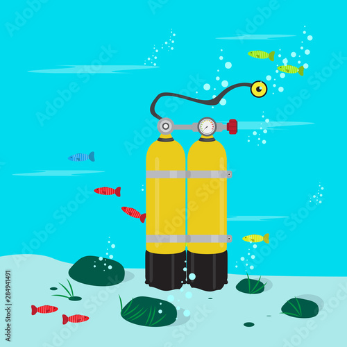 Diving tank in the ocean botton. Scuba diving concept - Vector