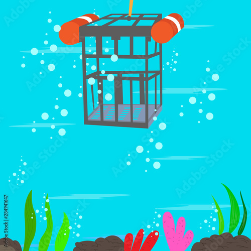 Shark cage diving in the ocean botton. Scuba diving concept - Vector
