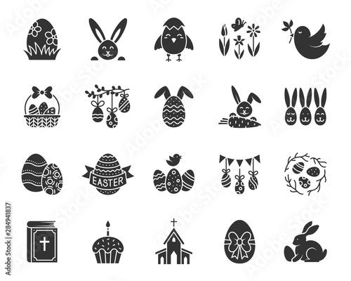 Easter egg bunny rabbit black icons vector set