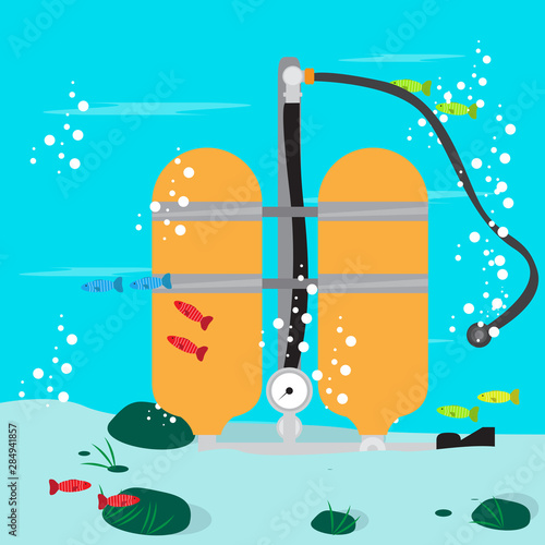 Diving tank in the ocean botton. Scuba diving concept - Vector