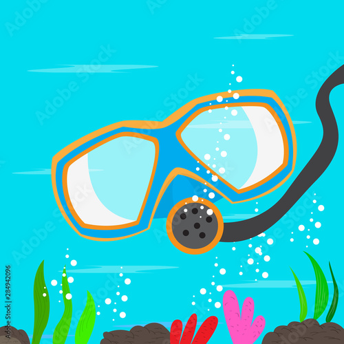 Diving mask over the coral reef with fishes. Scuba diving concept - Vector © lar01joka