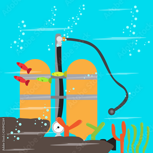 Diving tank in the ocean botton. Scuba diving concept - Vector