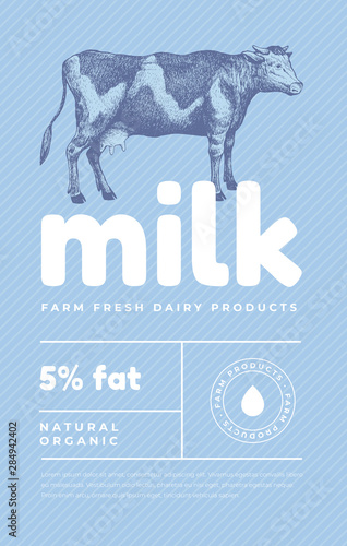 Hand drawn cow in the technique of engraving. Template for your logo, emblem, poster with a rural animal. Design dairy organic products for markets and shops. Vector retro illustration.