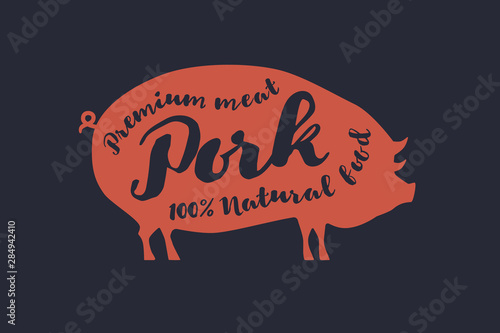 Image of red pig silhouette and inscription. Farm animal with sample text. Emblem for butcher shops, markets, packaging and advertising. Vector illustration on dark background.
