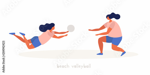 Couple tanned young girls play beach volleyball. Popular summer sports and outdoor activities. Vector flat illustration on white isolated background.