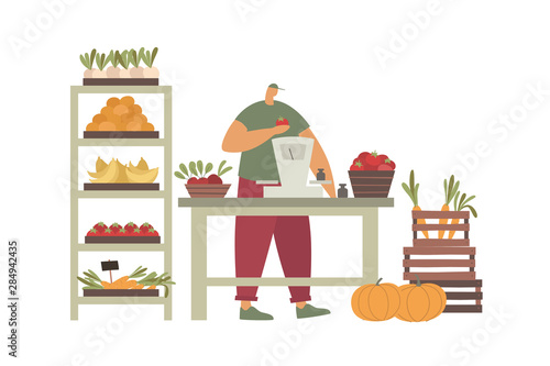 Man stands behind counter with weights and sells tomatoes. Street market with seller. Sale of vegetables at farmers market. Theme of vegetarianism and healthy eating. Trendy flat vector illustration.