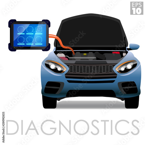 OBDII scanner or dealership level diagnostics tool being used on an open engine bay of a SUV type of vehicle for repairs or maintenance.