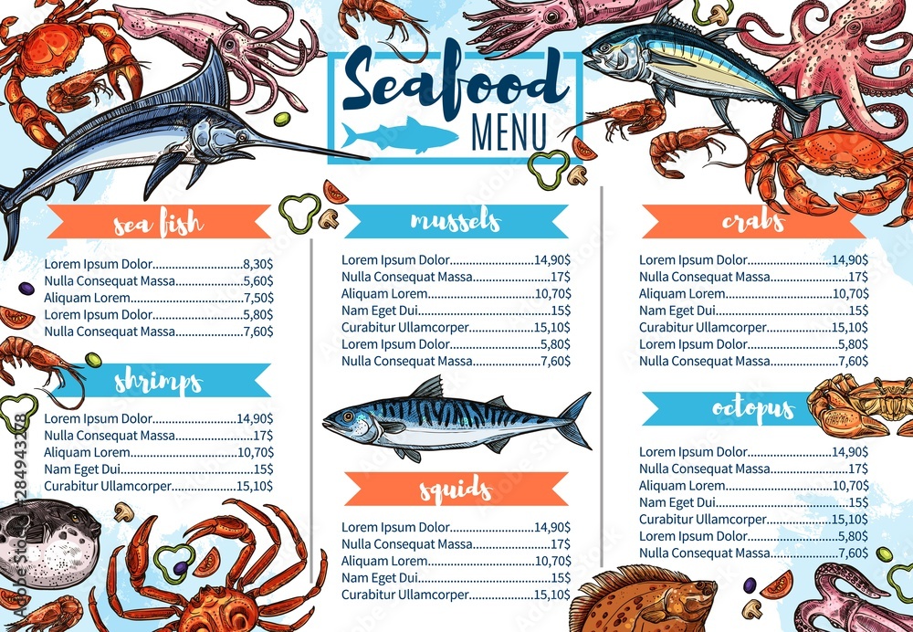 Seafood restaurant menu, fish gourmet food sketch Stock Vector