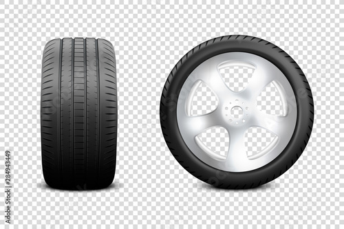 Vector 3d Realistic Render Car Wheel Icon Closeup Isolated on Transparent Background. Design Template of New Tires with Alloy Rims Front and Side View