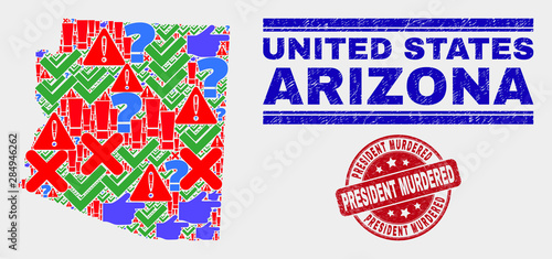 Symbolic Mosaic Arizona State map and stamps. Red rounded President Murdered grunge seal. Colorful Arizona State map mosaic of different random elements. Vector abstract collage. photo