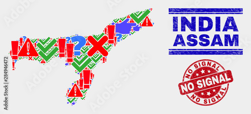 Symbolic Mosaic Assam State map and seal stamps. Red rounded No Signal distress seal stamp. Colorful Assam State map mosaic of different scattered symbols. Vector abstract collage.