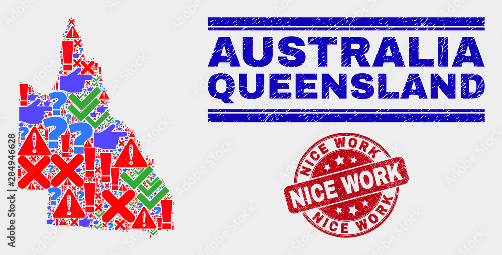Symbolic Mosaic Australian Queensland map and seal stamps. Red round Nice Work textured seal stamp. Bright Australian Queensland map mosaic of different randomized icons. Vector abstract collage. Symbolic Mosaic Australian Queensland map and seal stamps. Red round Nice Work textured seal stamp. Bright Australian Queensland map mosaic of different randomized icons. Vector abstract collage.
