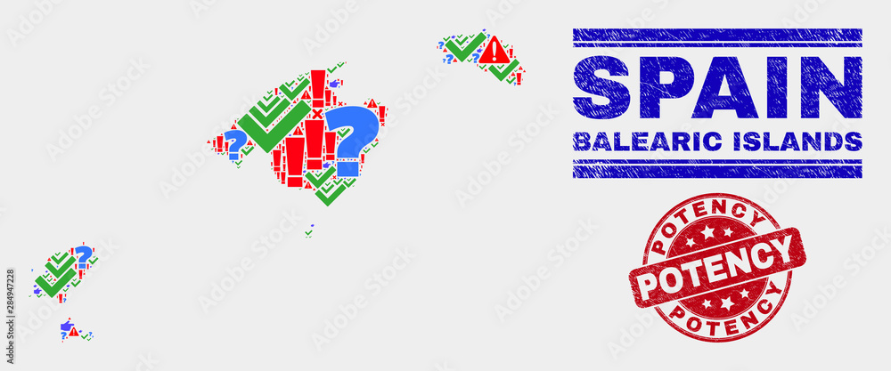 Sign Mosaic Balearic Islands map and seal stamps. Red round Potency scratched seal. Bright Balearic Islands map mosaic of different randomized icons. Vector abstract collage.