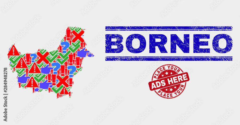 Symbolic Mosaic Borneo map and watermarks. Red rounded Place Your Ads Here grunge watermark. Colored Borneo map mosaic of different random icons. Vector abstract collage.