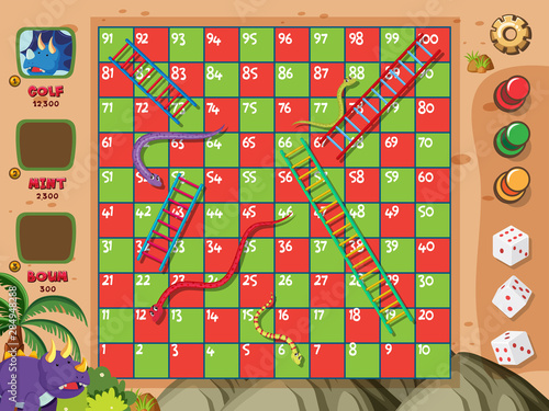 Boardgame with snakes and ladders on red and green squares