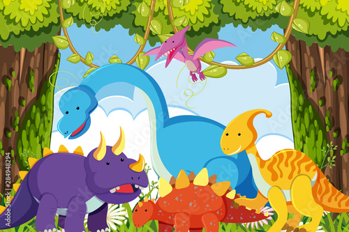 Dinosaurs in jungle scene