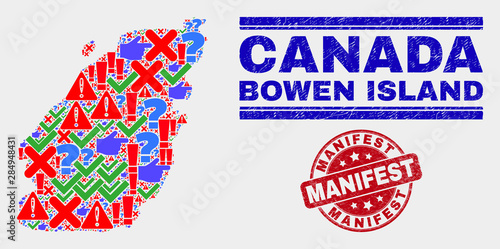 Symbol Mosaic Bowen Island map and seal stamps. Red round Manifest scratched seal. Bright Bowen Island map mosaic of different randomized icons. Vector abstract combination.