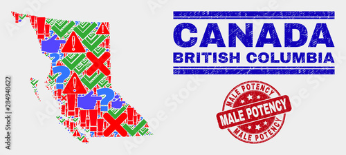 Sign Mosaic British Columbia map and seal stamps. Red rounded Male Potency grunge seal stamp. Colorful British Columbia map mosaic of different scattered elements. Vector abstract collage.