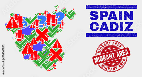 Symbol Mosaic Cadiz Province map and seals. Red round Migrant Area textured seal. Bright Cadiz Province map mosaic of different random icons. Vector abstract composition.