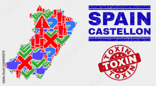 Sign Mosaic Castellon Province map and seals. Red rounded Toxin textured stamp. Colored Castellon Province map mosaic of different random icons. Vector abstract composition.