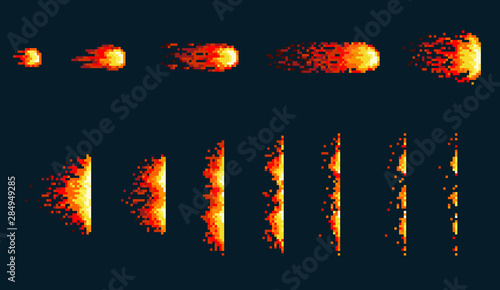 Pixel art fireball. Game icons set. Comic boom flame effects for emotion. Red flames.