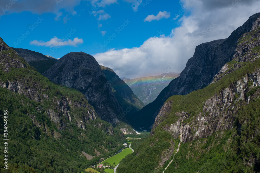 Beautiful view on Naeroydalen Valley and Peaks On Stalheim, Voss Norway. July 2019