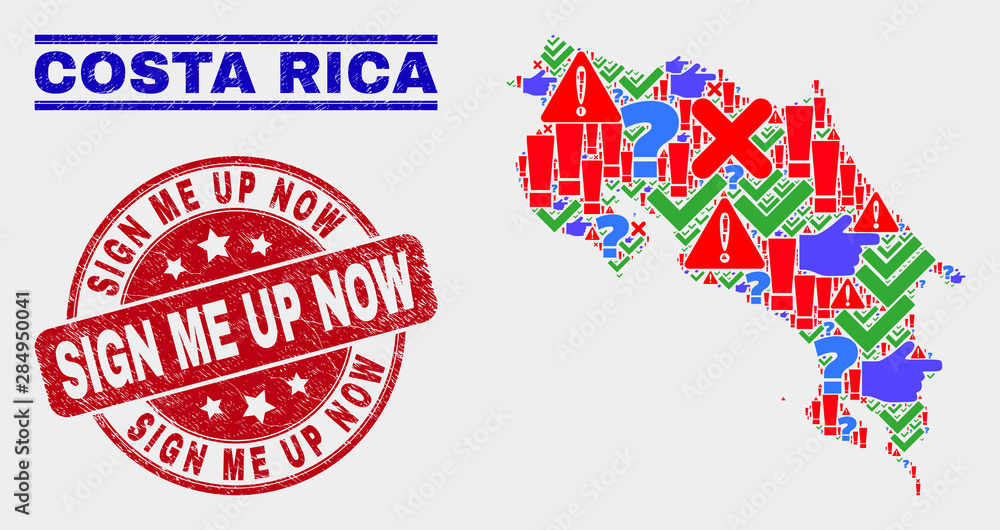 Symbolic Mosaic Costa Rica map and seal stamps. Red round Sign Me up Now grunge seal stamp. Colored Costa Rica map mosaic of different random elements. Vector abstract combination. Symbolic Mosaic Costa Rica map and seal stamps. Red round Sign Me up Now grunge seal stamp. Colored Costa Rica map mosaic of different random elements. Vector abstract combination.