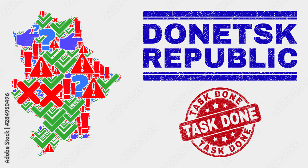 Sign Mosaic Donetsk Republic map and seal stamps. Red round Task Done grunge seal. Colored Donetsk Republic map mosaic of different randomized symbols. Vector abstract composition. Sign Mosaic Donetsk Republic map and seal stamps. Red round Task Done grunge seal. Colored Donetsk Republic map mosaic of different randomized symbols. Vector abstract composition.