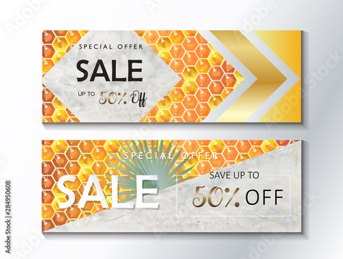 Sale banner Happy Rosh Hashanah Hebrew shana tova Jewish New Year Holiday symbols gift card. Torah, Honey and apple, shofar, pomegranate, star of David, Rosh hashana traditional fruits autumn, sukkot