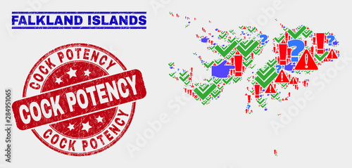 Symbolic Mosaic Falkland Islands map and seal stamps. Red round Cock Potency distress seal. Colorful Falkland Islands map mosaic of different scattered items. Vector abstract combination.