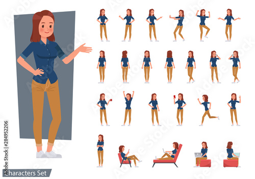 Set of woman wear blue jeans shirt character vector design. Presentation in various action with emotions, running, standing and walking.