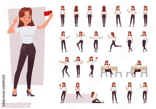 Set of woman character vector design. Presentation in various action with emotions, running, standing and walking. photo