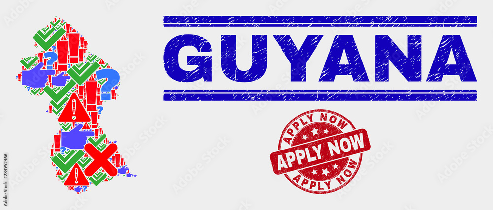 Symbol Mosaic Guyana map and stamps. Red rounded Apply Now scratched watermark. Colored Guyana map mosaic of different scattered symbols. Vector abstract collage. Symbol Mosaic Guyana map and stamps. Red rounded Apply Now scratched watermark. Colored Guyana map mosaic of different scattered symbols. Vector abstract collage.