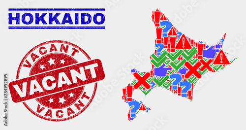 Symbolic Mosaic Hokkaido map and seal stamps. Red rounded Vacant textured seal. Colorful Hokkaido map mosaic of different scattered symbols. Vector abstract combination.