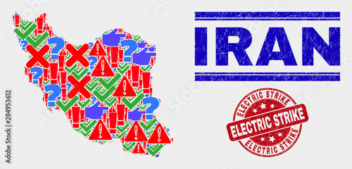 Symbolic Mosaic Iran map and seal stamps. Red rounded Electric Strike grunge seal stamp. Bright Iran map mosaic of different random elements. Vector abstract combination.