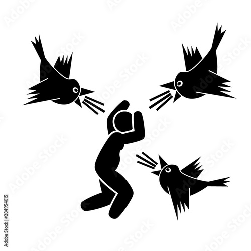 virtual   trolling, a flock of loud birds screaming their tweets toward a running person