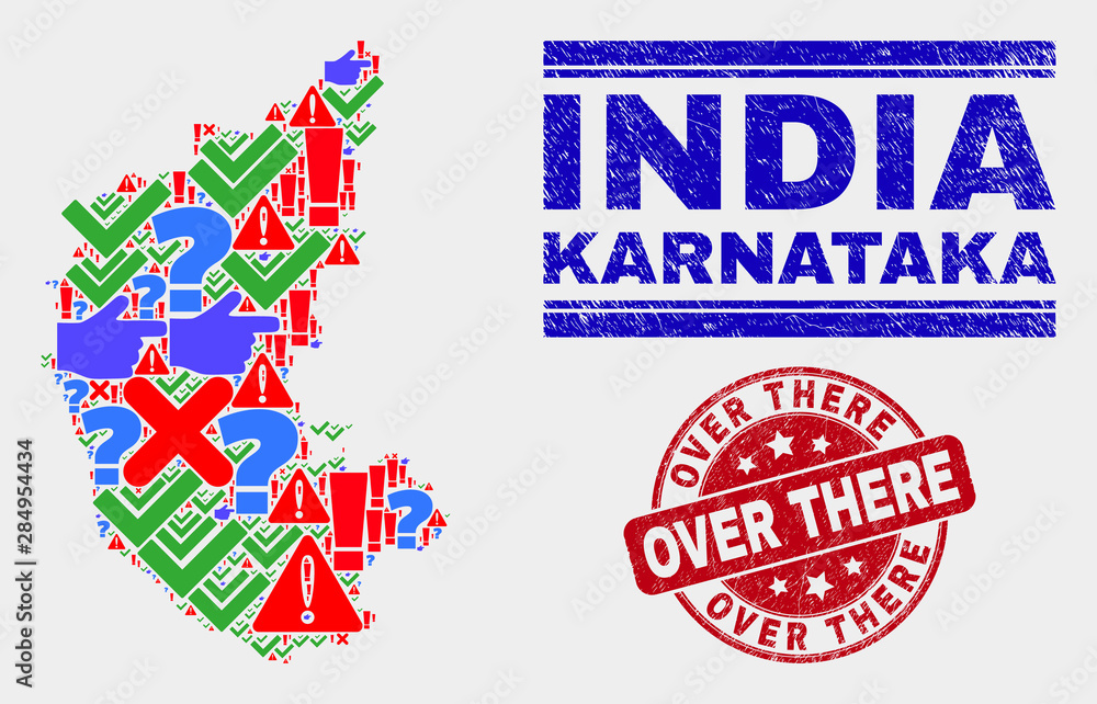 Sign Mosaic Karnataka State map and seal stamps. Red round Over There distress seal. Bright Karnataka State map mosaic of different random elements. Vector abstract composition. Sign Mosaic Karnataka State map and seal stamps. Red round Over There distress seal. Bright Karnataka State map mosaic of different random elements. Vector abstract composition.