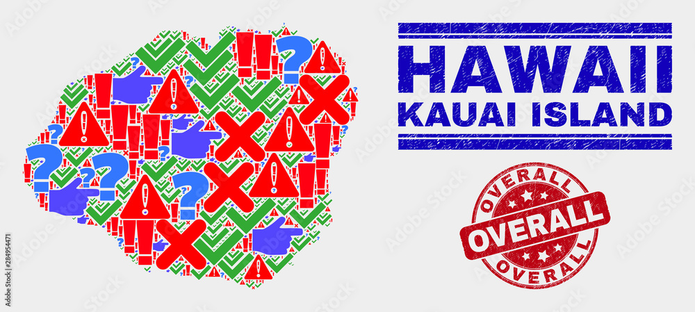 Symbol Mosaic Kauai Island map and stamps. Red round Overall textured seal. Bright Kauai Island map mosaic of different randomized icons. Vector abstract collage.
