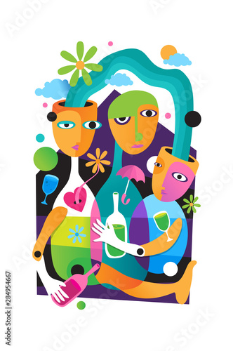 Family illustration with cubism art, pop art, colorful, for background, cover, print etc.