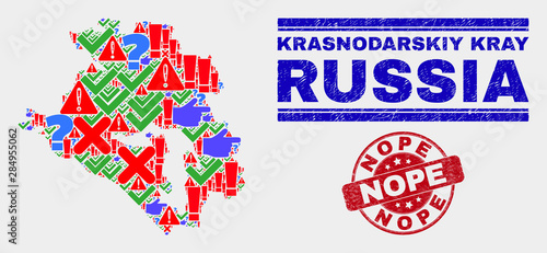 Symbol Mosaic Krasnodarskiy Kray map and seal stamps. Red round Nope grunge seal. Colored Krasnodarskiy Kray map mosaic of different random items. Vector abstract composition.