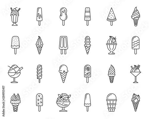 Ice cream cone simple black line icons vector set