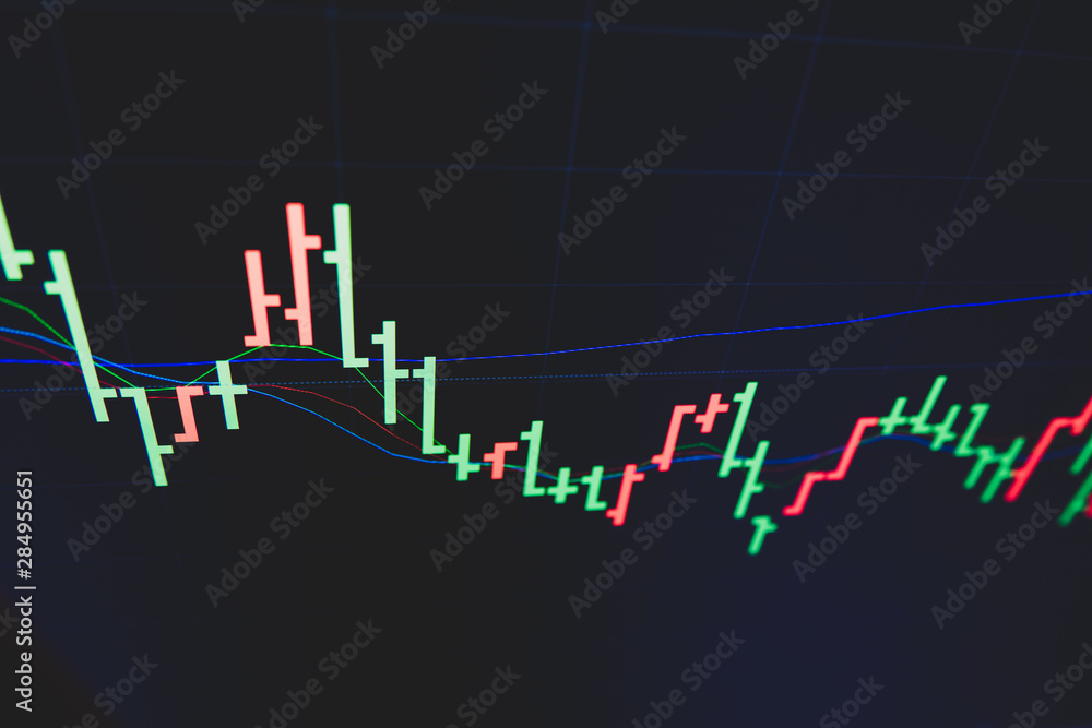Fototapeta premium Stock market trading graph and candlestick chart on screen for businese financial investment concept. Economy trends background. Abstract finance and invest background.