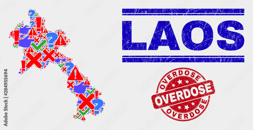 Symbol Mosaic Laos map and seal stamps. Red round Overdose distress seal. Bright Laos map mosaic of different random items. Vector abstract collage. Symbol Mosaic Laos map and seal stamps. Red round Overdose distress seal. Bright Laos map mosaic of different random items. Vector abstract collage.