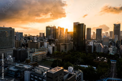 Aerial Drone Photo - Skyline of the city of Tokyo, Japan at sunrise. Asia