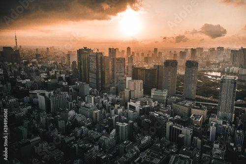 Aerial Drone Photo - Skyline of the city of Tokyo  Japan at sunrise.  Asia