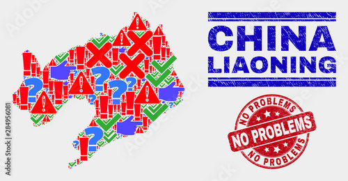 Symbolic Mosaic Liaoning Province map and seal stamps. Red round No Problems textured seal. Colored Liaoning Province map mosaic of different random icons. Vector abstract combination.