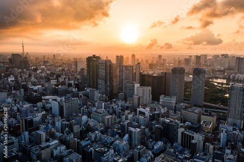 Photography Aerial Drone Photo - Skyline of the city of Tokyo, Japan at sunrise