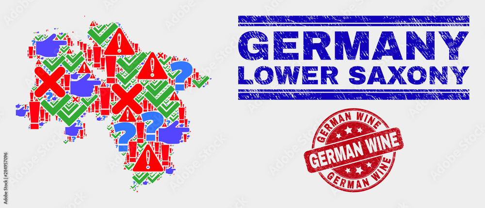 Symbol Mosaic Lower Saxony Land map and seal stamps. Red round German Wine textured stamp. Bright Lower Saxony Land map mosaic of different random items. Vector abstract combination.